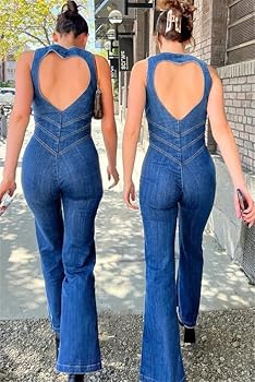 CRITOR Womens Zip Up Backless Denim Jumpsuit Sleeveless